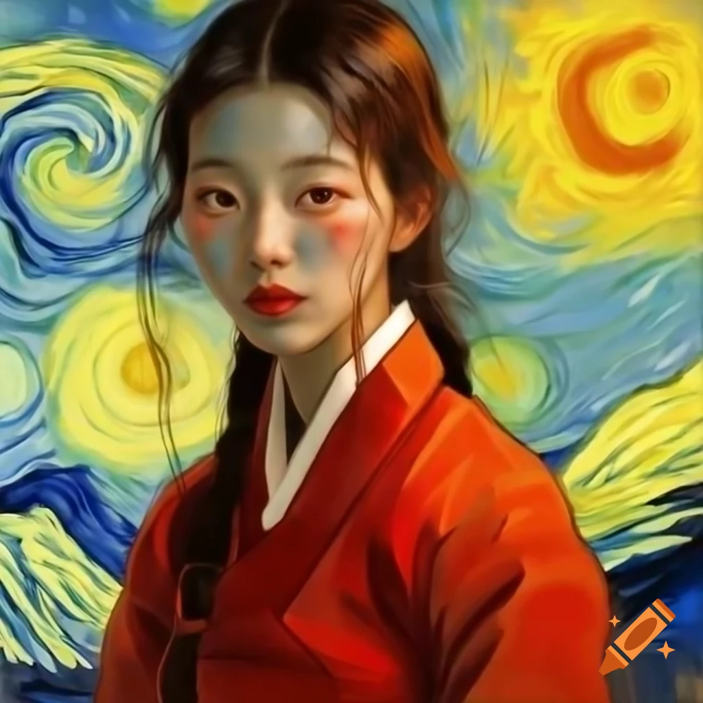 Stunning portrait of Korean woman in red, animated style, Van Gogh and Rembrandt influences
