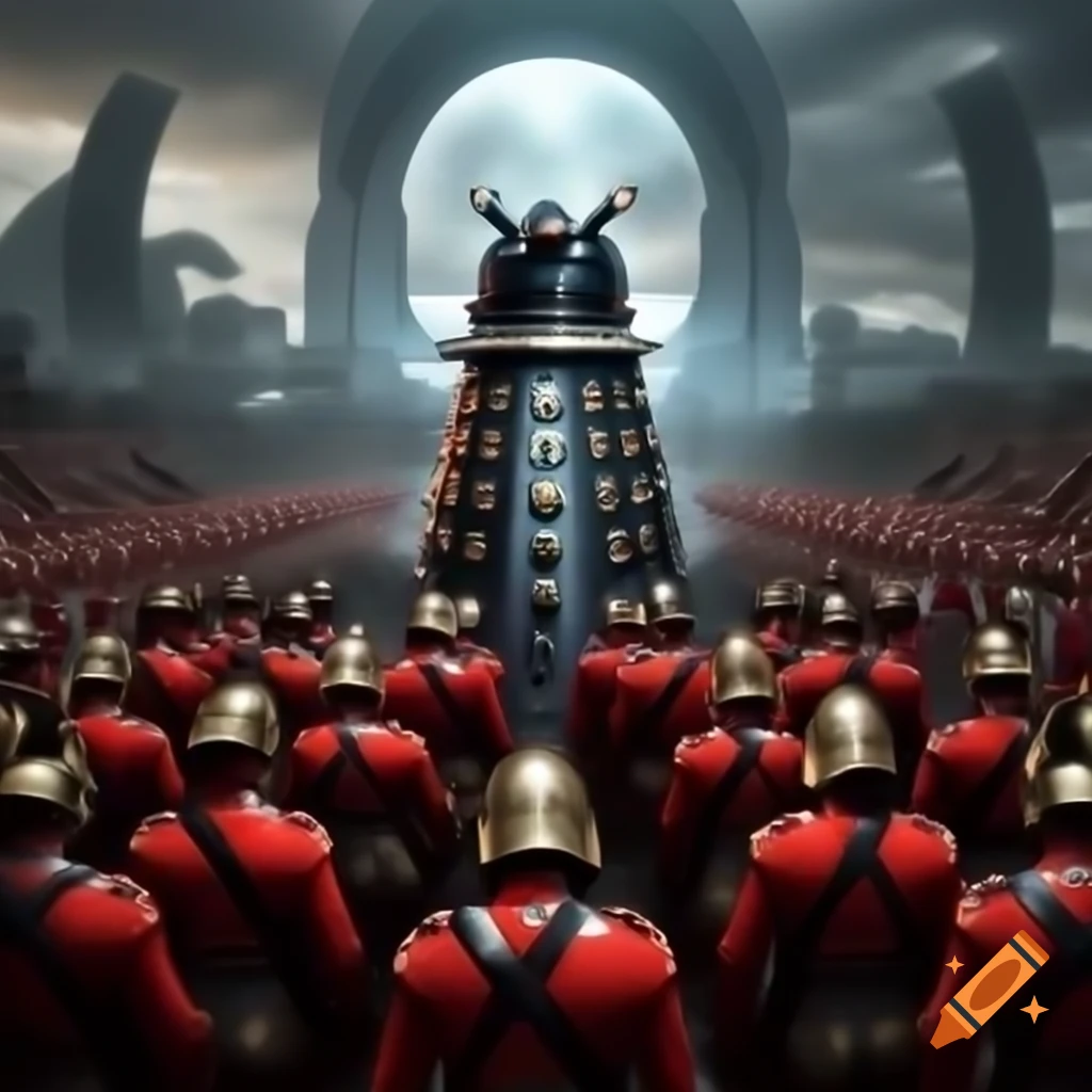 Troop of Chancellery Guards of Gallifrey in iconic uniforms charging through a ravaged landscape