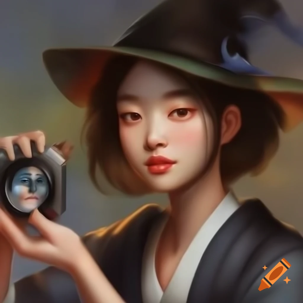 Detailed digital watercolor portrait of a charming Korean woman