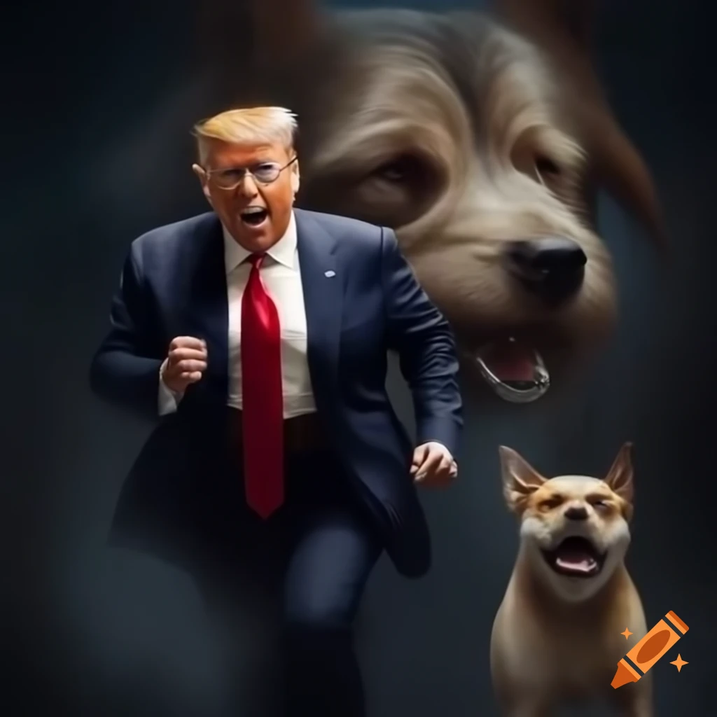 Photorealistic portrait of Donald Trump fleeing from an angry dog in New York City