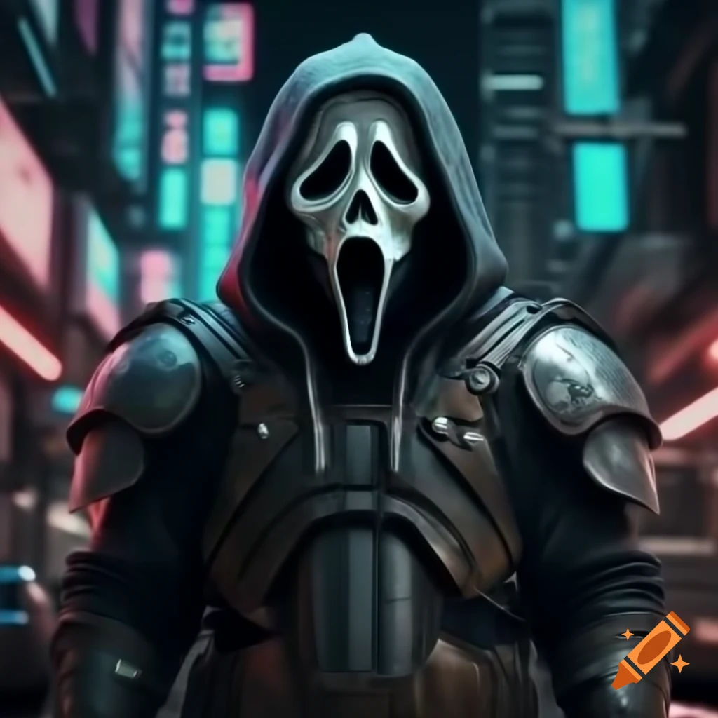 GhostFace neon armor in a vibrant cyberpunk city