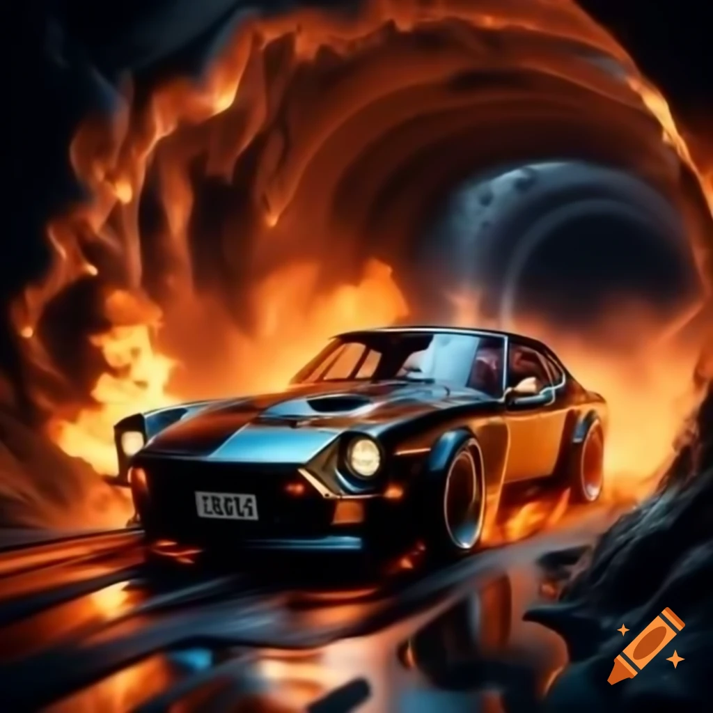 Super Fractal Dream Gold Trimmed Datsun Time Travelling Car speeding through time leaving fire trail
