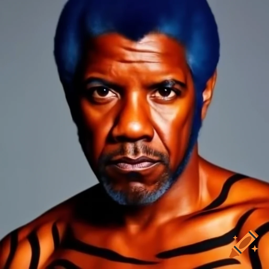 Muscular figure with tiger-style makeup featuring blue hair and black stripes