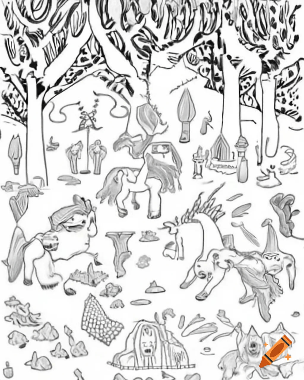 Enchanted forest with mythical creatures for fantasy coloring page