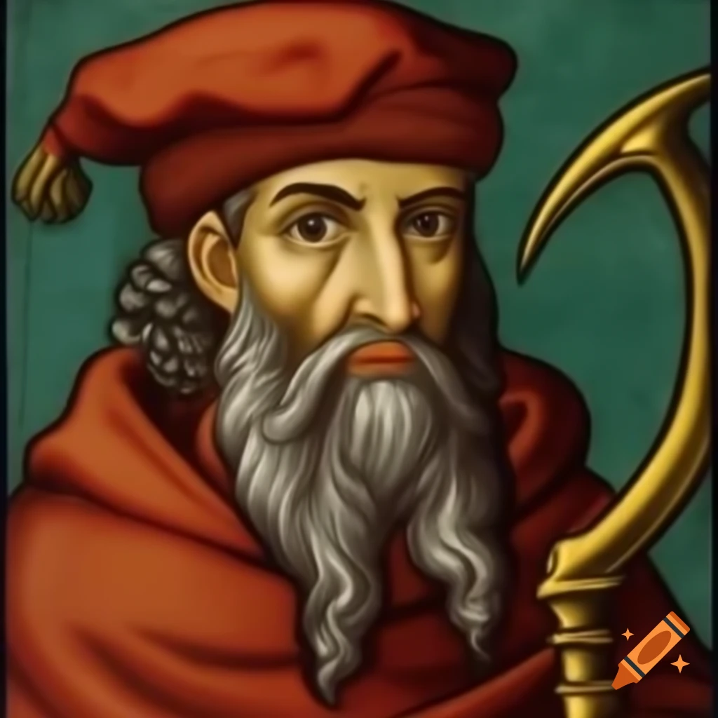 Medieval manuscript portrait of an alchemist cultist with a brass sickle