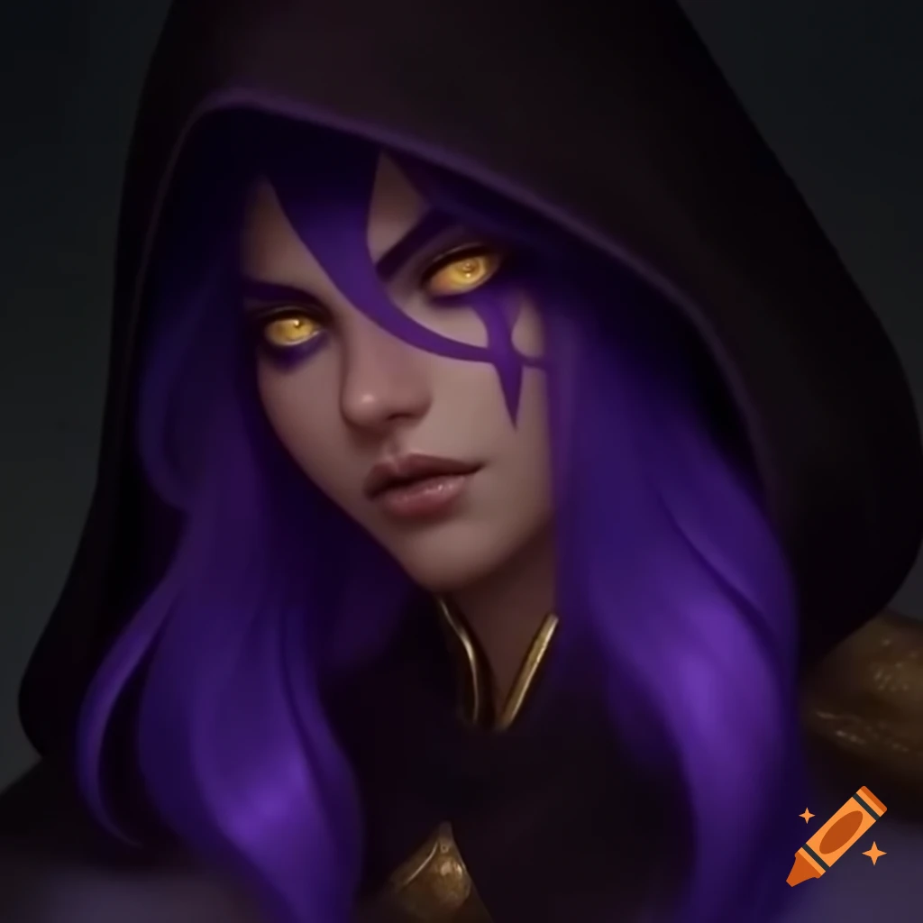 Portrait of solemn young aasimar with dark plum hair and gold eyes in guardian style