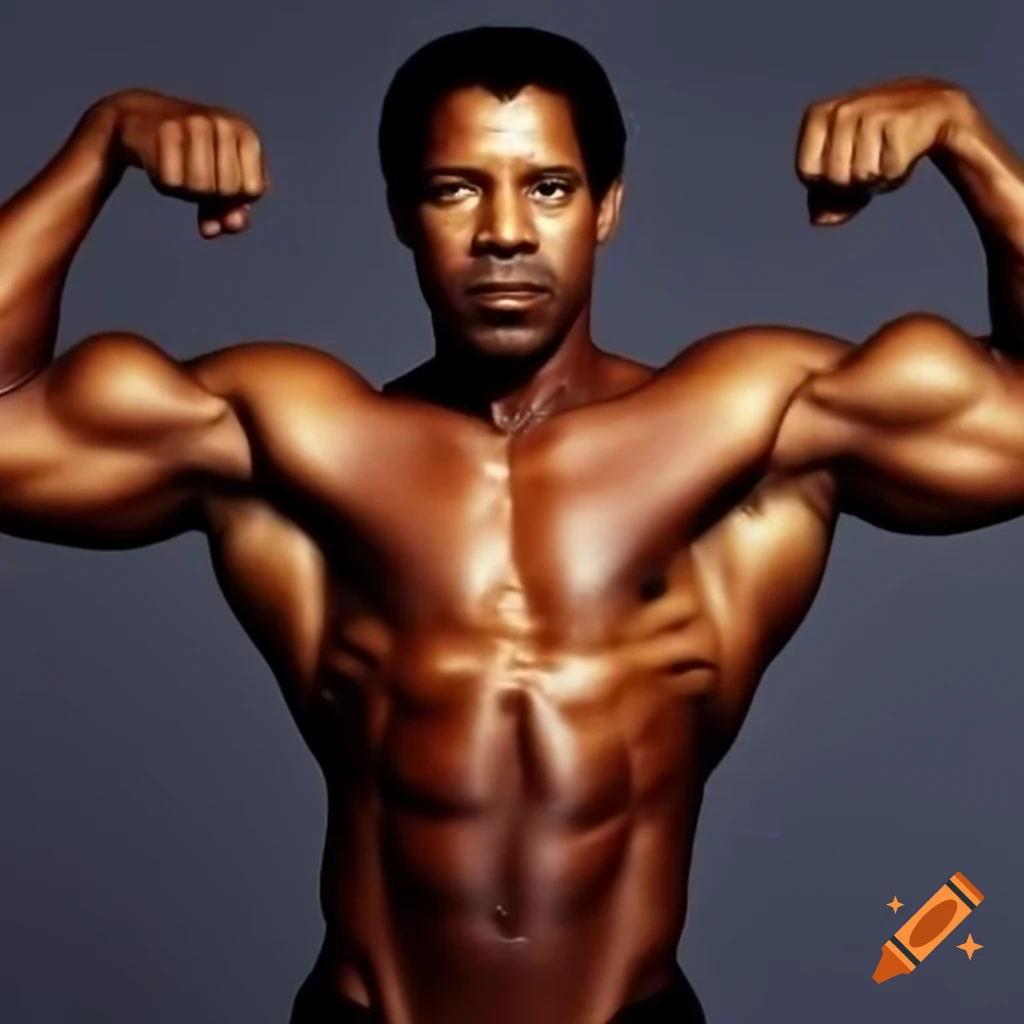 Exaggerated muscular physique of an actor resembling Denzel Washington