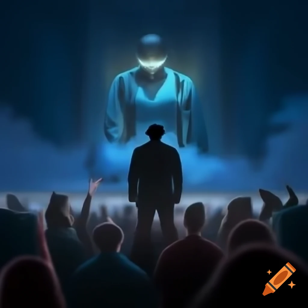 Silhouette of The Weeknd looking upward with a spectral figure, creating a mystical atmosphere
