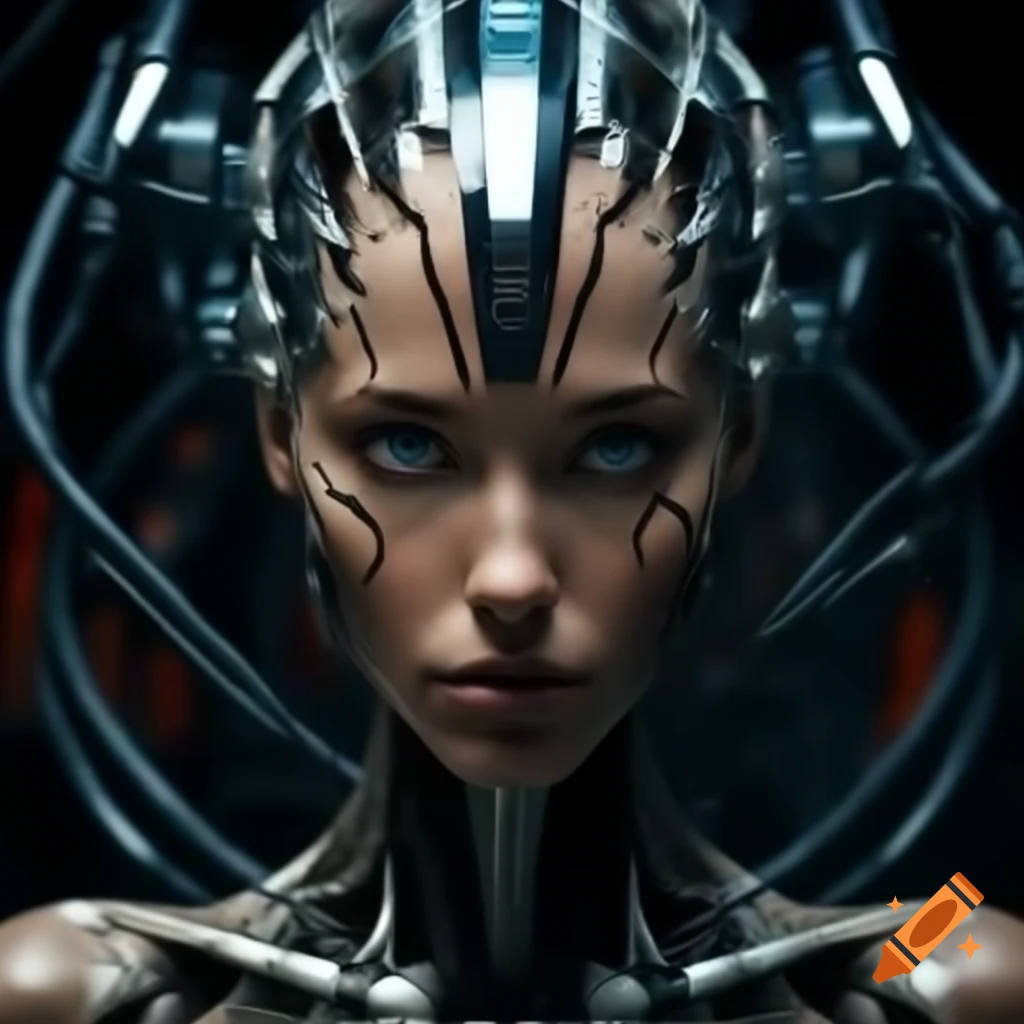 Woman with biomechanical enhancements and cybernetic implants, focused gaze in a futuristic setting
