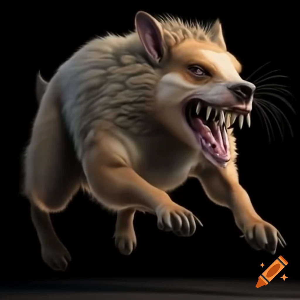 Photorealistic image of a man humorously fleeing from an aggressive dog