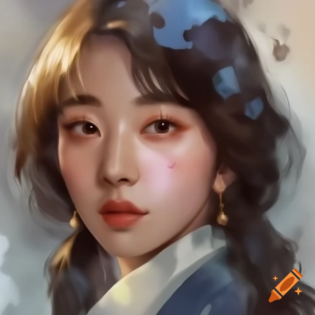 Detailed digital portrait of a charming Korean woman in watercolor style with Rembrandt influences