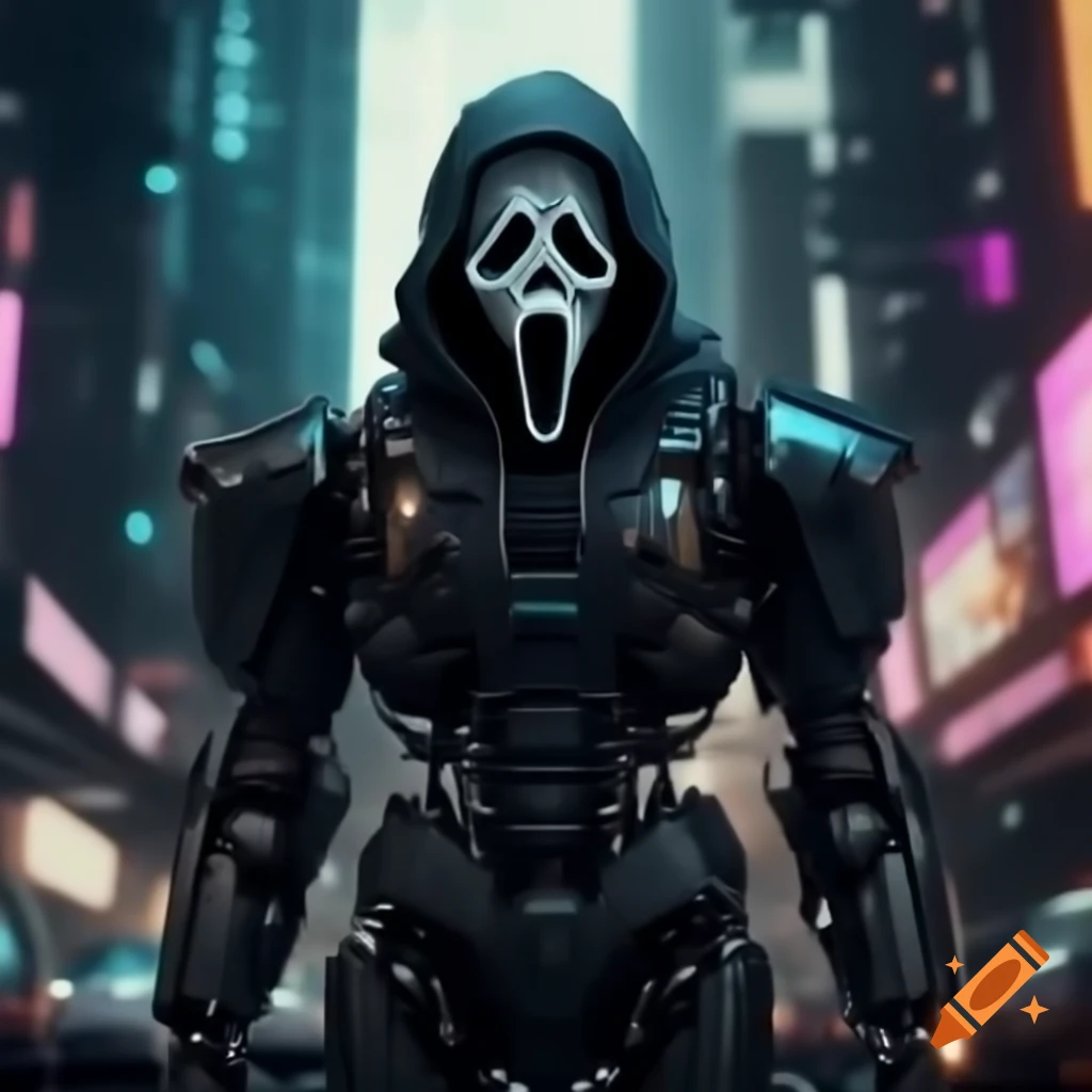 GhostFace robot armor in futuristic Cyberpunk city