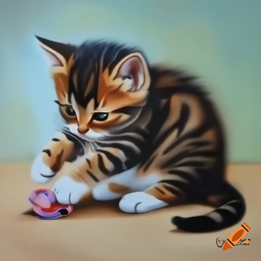 Brown and black tabby kitten playing with toy mouse