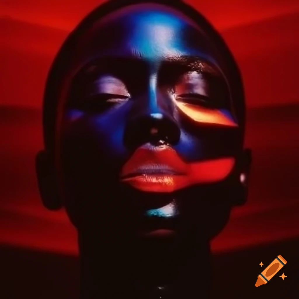 Pop surreal photography featuring iridescent red glass statue