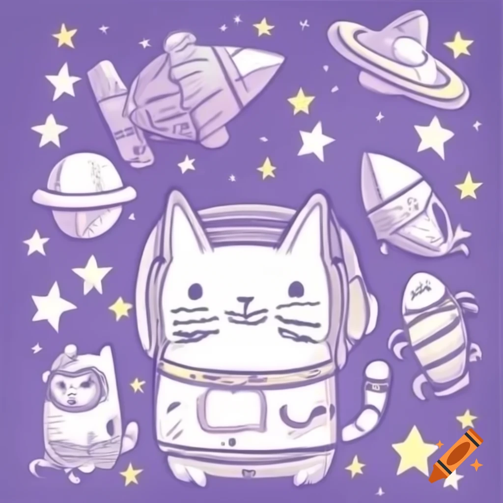 Cartoon cat in space suit chasing a fish star among whimsical stars