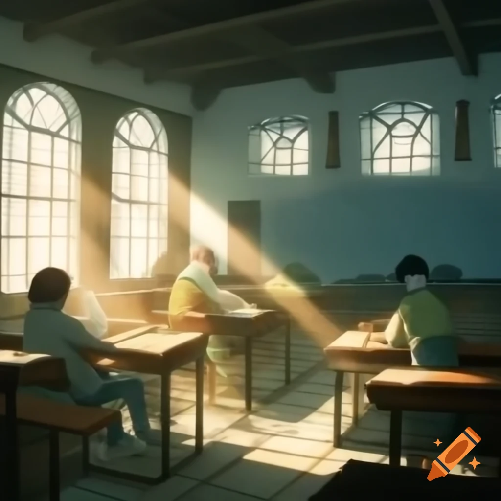 Sunlight illuminating teacher and students in colonial schoolhouse