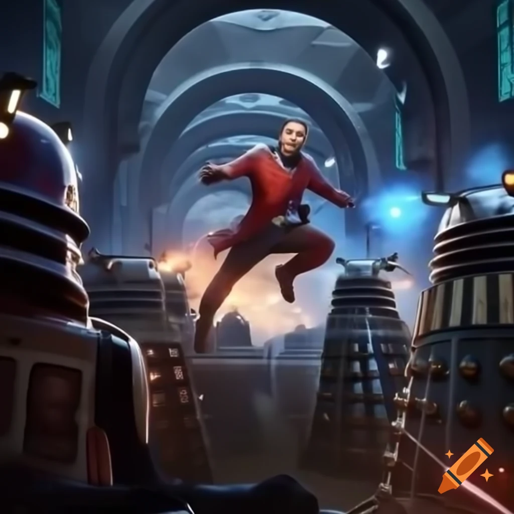 Chancellery Guards battling Daleks in futuristic interior