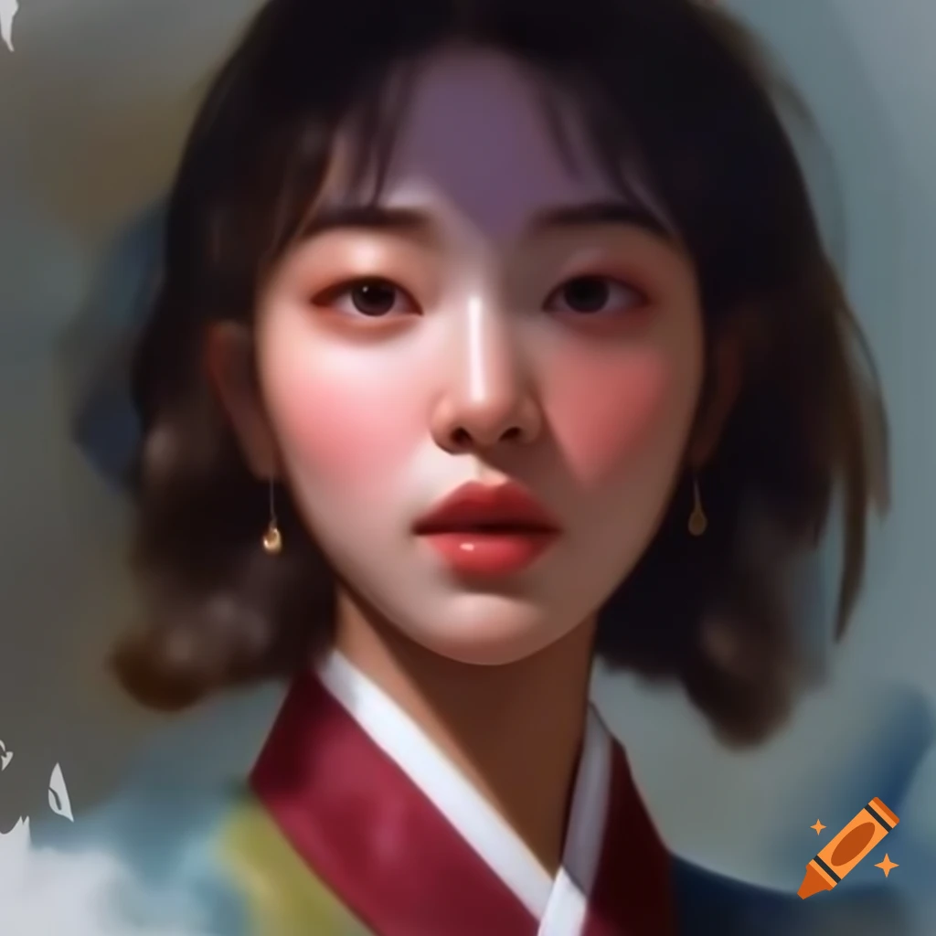 Detailed digital watercolor portrait of a charming Korean woman inspired by Rembrandt