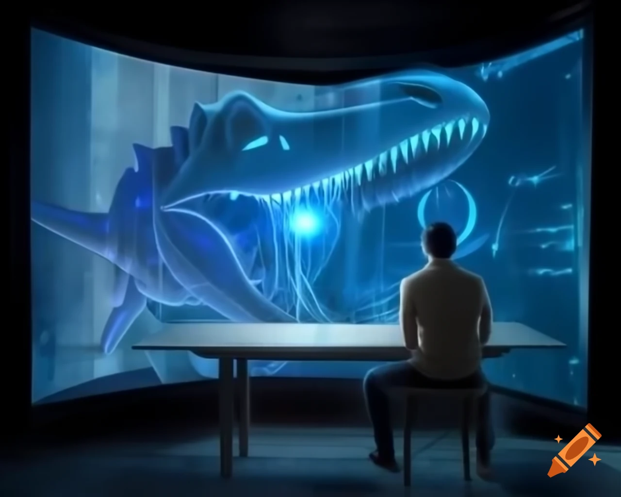 Man observing blue hologram of T-Rex projected from screen