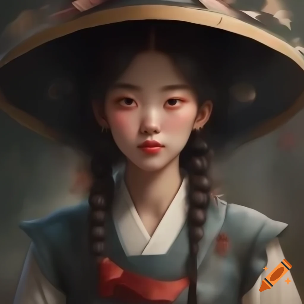 Detailed digital portrait of a charming Korean woman in watercolor style