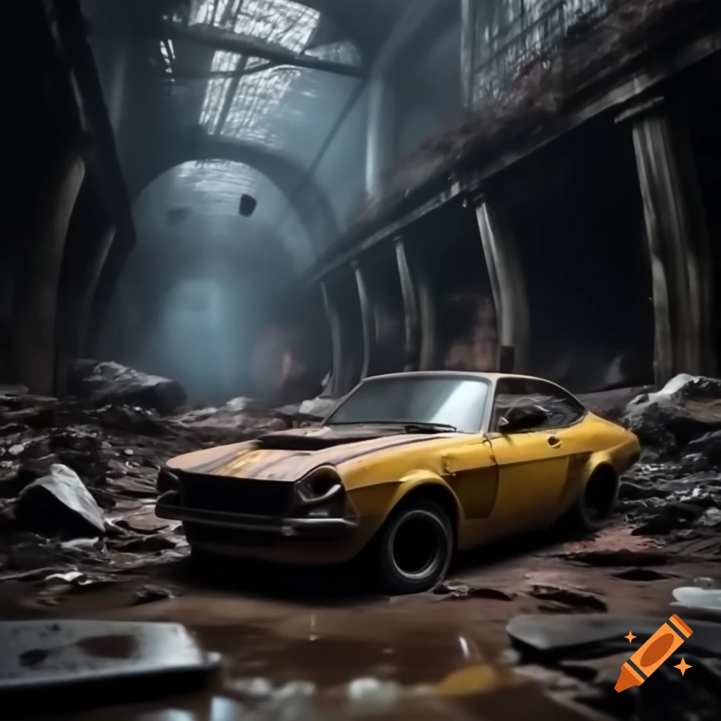 Ghosts swirling in dark night near rusty yellow Datsun in haunted junkyard