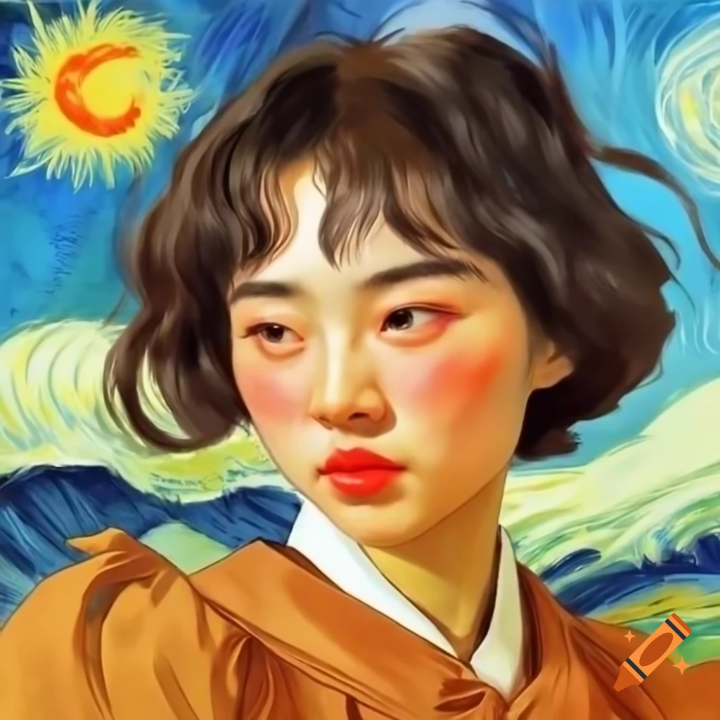 Stunning animated portrait of Korean woman in Van Gogh style with watercolor and Rembrandt influences