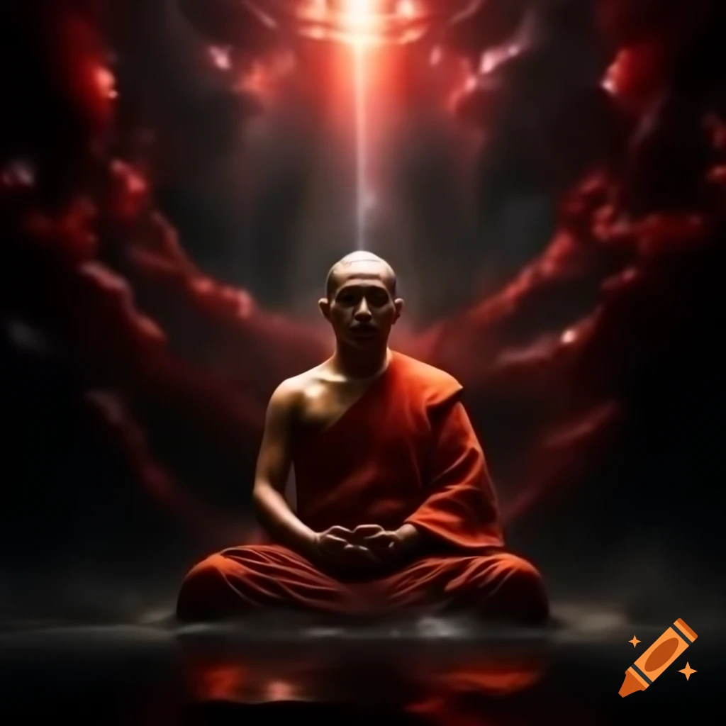 Tibetan monk meditating with iridescent light and crimson glow