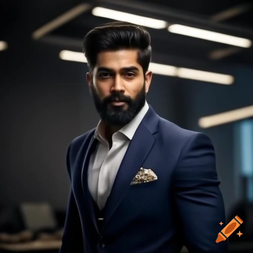 Photorealistic portrait of Bangladeshi male model in tailored outfit exuding professionalism