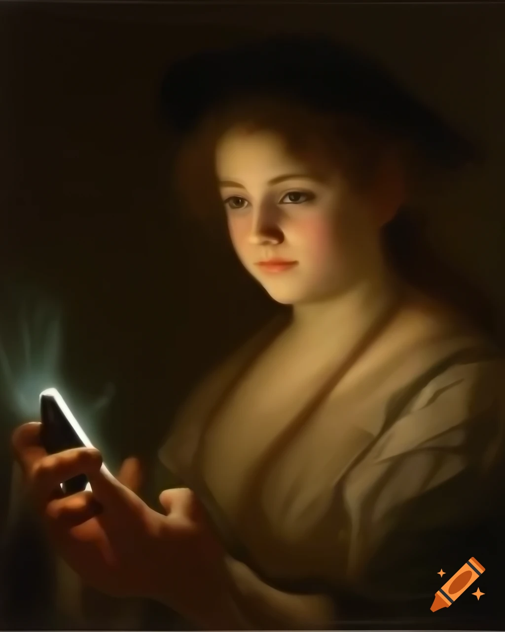 Young muse holding phone in style of Sir Joshua Reynolds painting