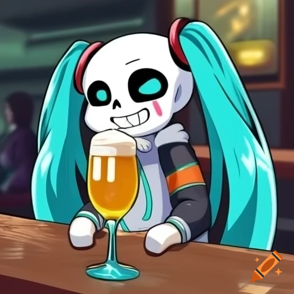 Sans from Undertale and Hatsune Miku enjoying a drink together