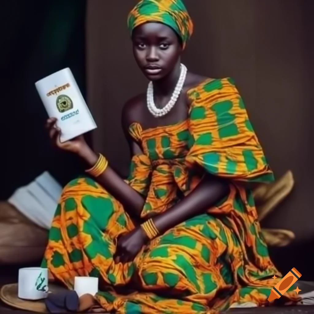 Young African lady in vibrant kente dress selling natural products