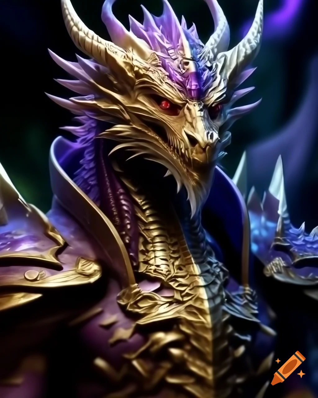 Dragonborne in radiant golden scales and purple armor, fantasy portrait