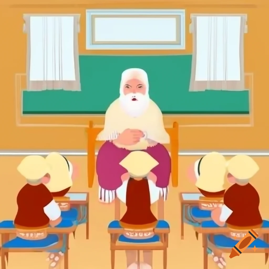Ancient greek classroom with philosopher teaching students on stone