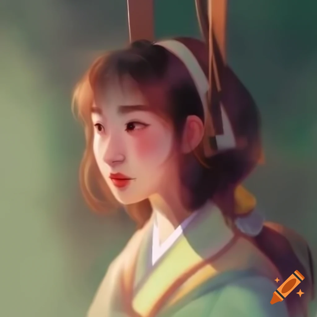 Detailed digital portrait of a charming Korean woman in watercolor style