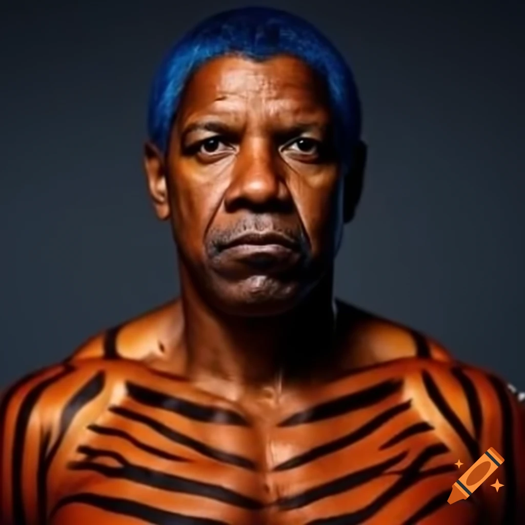 Muscular Man With Tiger style Makeup Featuring Blue Hair Orange Skin 