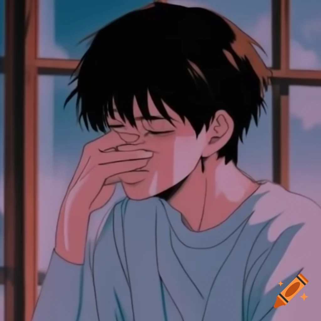 Sad anime face in front of window