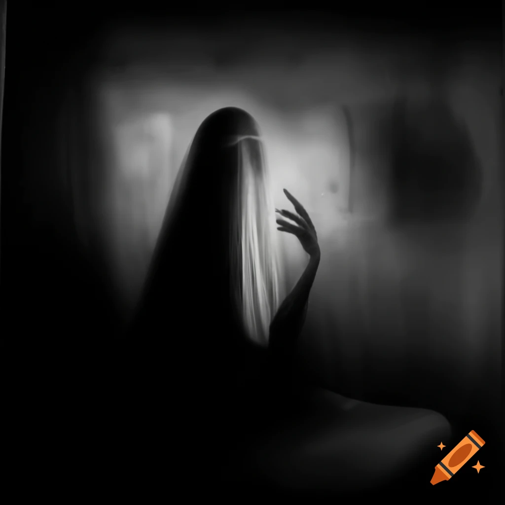 Ethereal ghostly appearance with grainy texture reminiscent of VHS, low quality