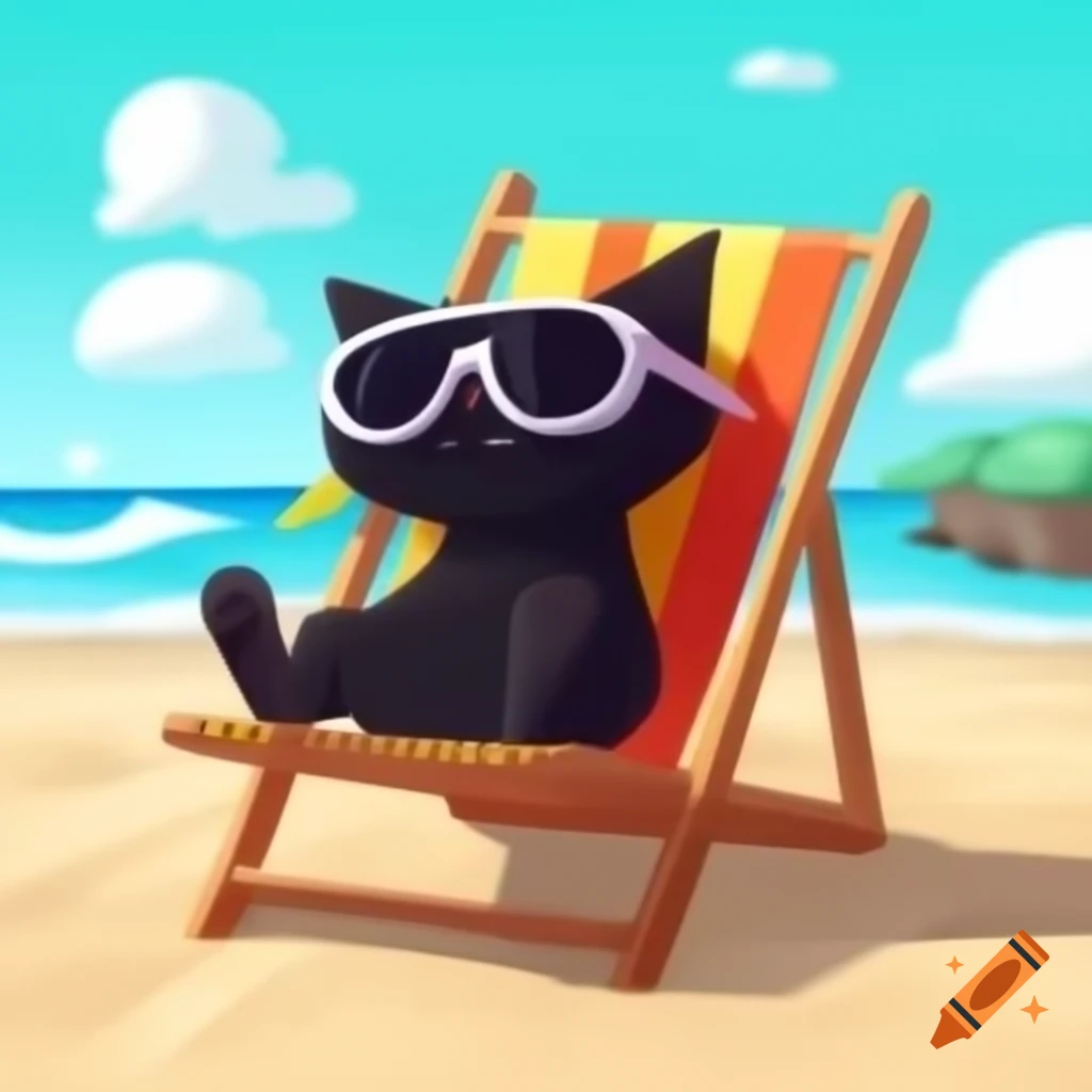 Cartoon black cat on beach chair wearing sunglasses