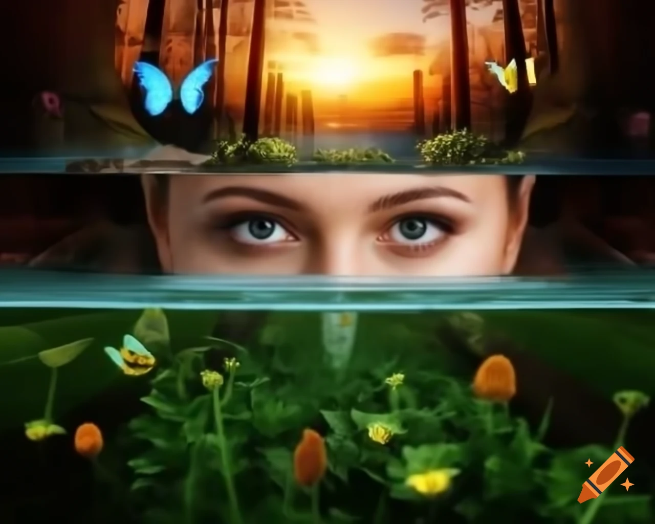 3D render of woman's face in surreal forest with wildflowers and butterflies
