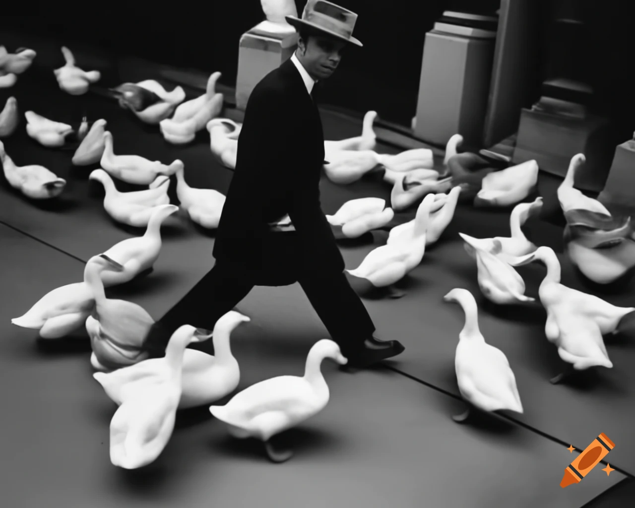 Man walking with ducks in front