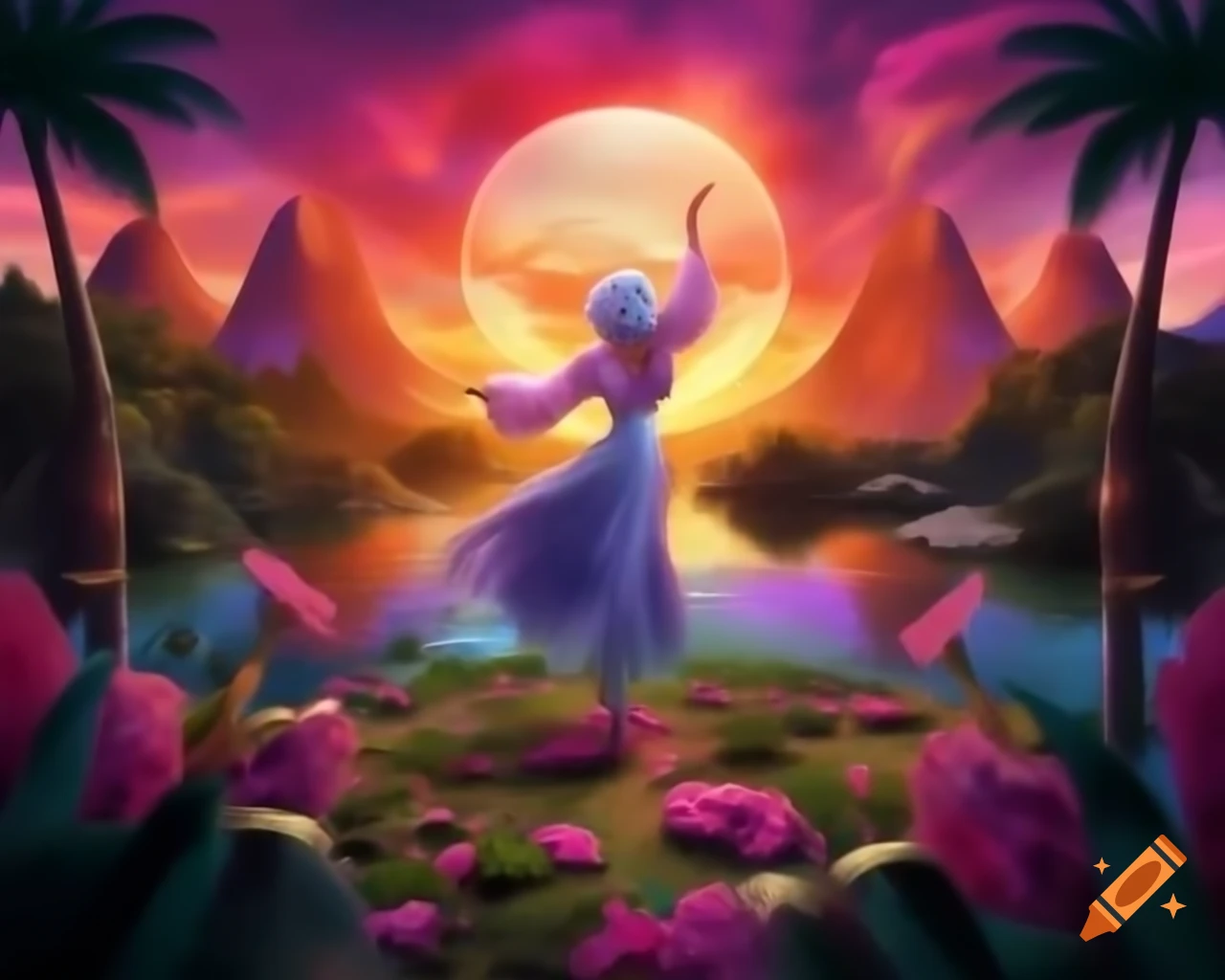 Beautiful woman with surreal wig made of vibrant objects in sunset light