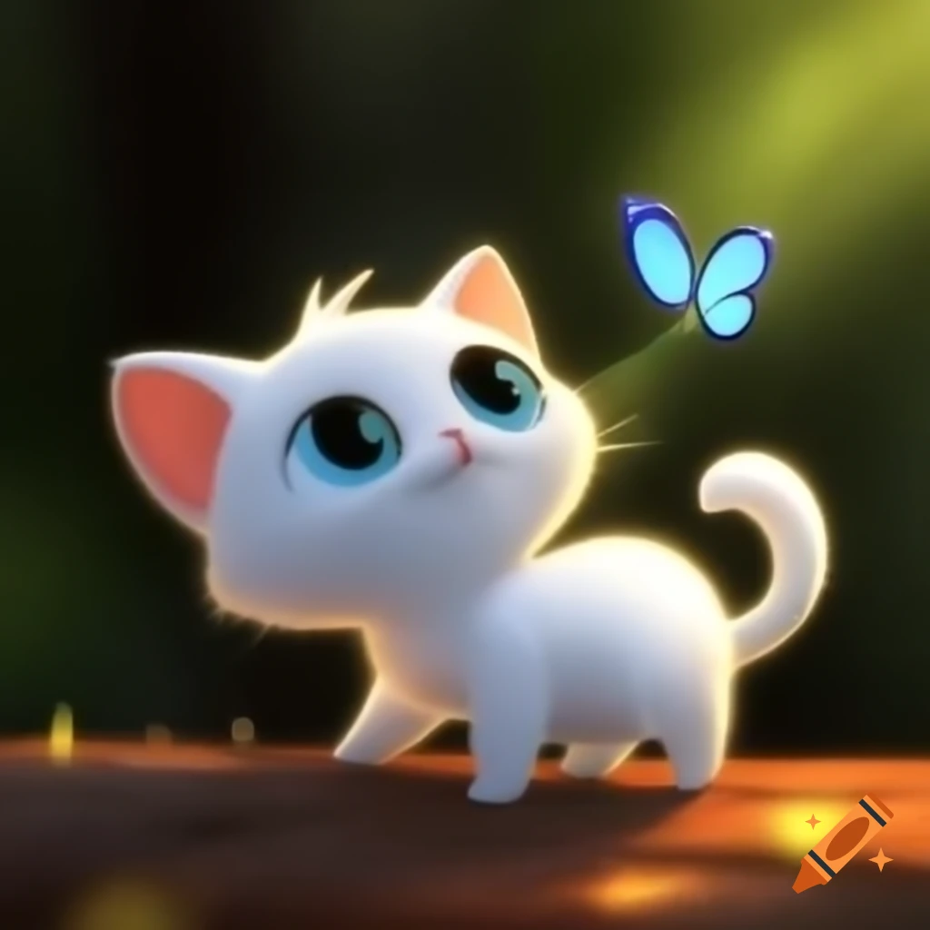 Cute white kitten catching butterflies in forest during daytime