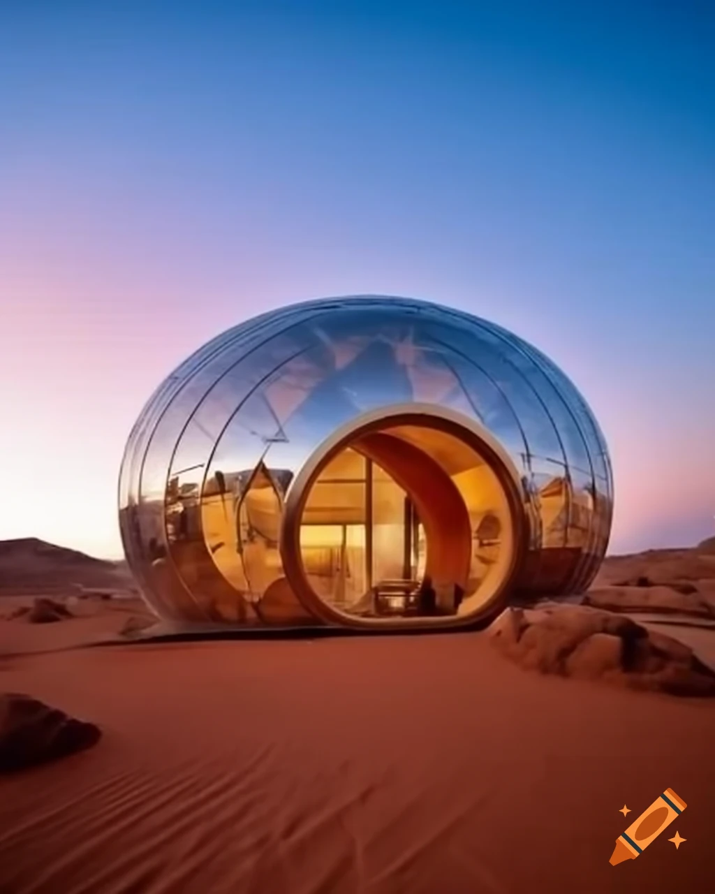Futuristic desert villa made of metal and glass against a vibrant background