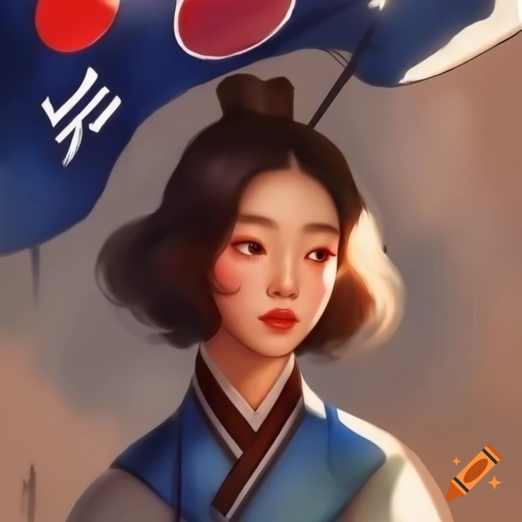 Detailed digital watercolor portrait of a charming Korean woman in Rembrandt style