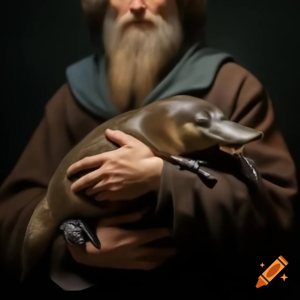 Man cradling platypus in 1800s oil painting by Leonardo da Vinci