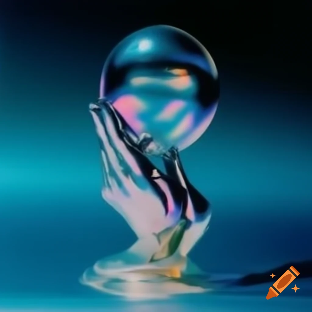 Pop surreal photography featuring iridescent glass statue