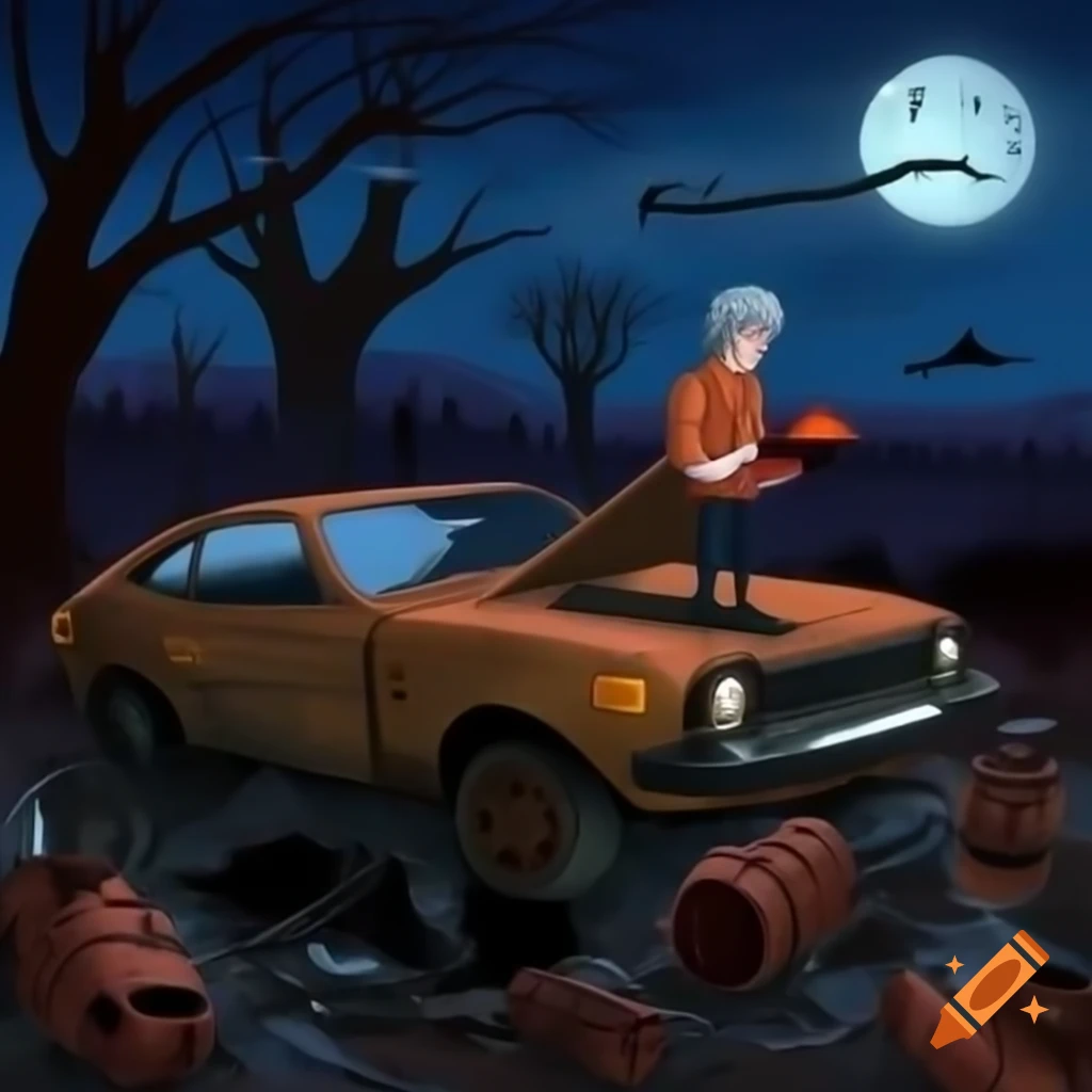Robin Hamilton Maule fixing a 1970s yellow vehicle in a haunted junkyard at night