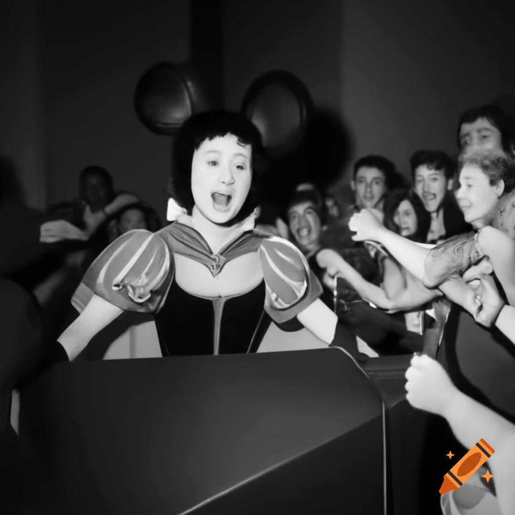 Snow White with black mouse ears speaking to crowd from podium