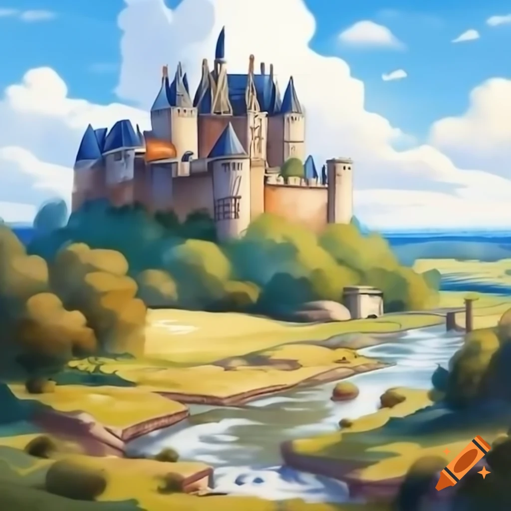Aquarelle painting of Loire Castle by a river