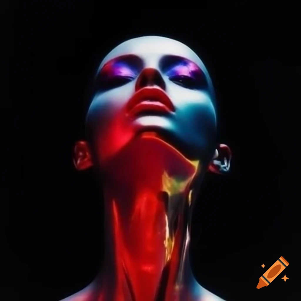 Pop surreal photography featuring iridescent red glass statue